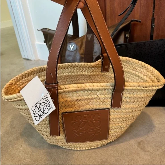 Loewe NWT Raffia palm leaf basket top handle shoulder bag with calf leather